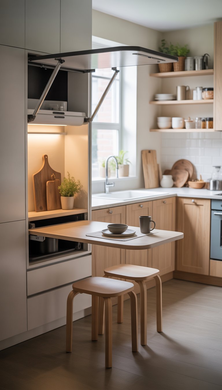 A small kitchen with a fold-down table extended and stools tucked underneath, surrounded by cabinets and shelves with kitchen items.