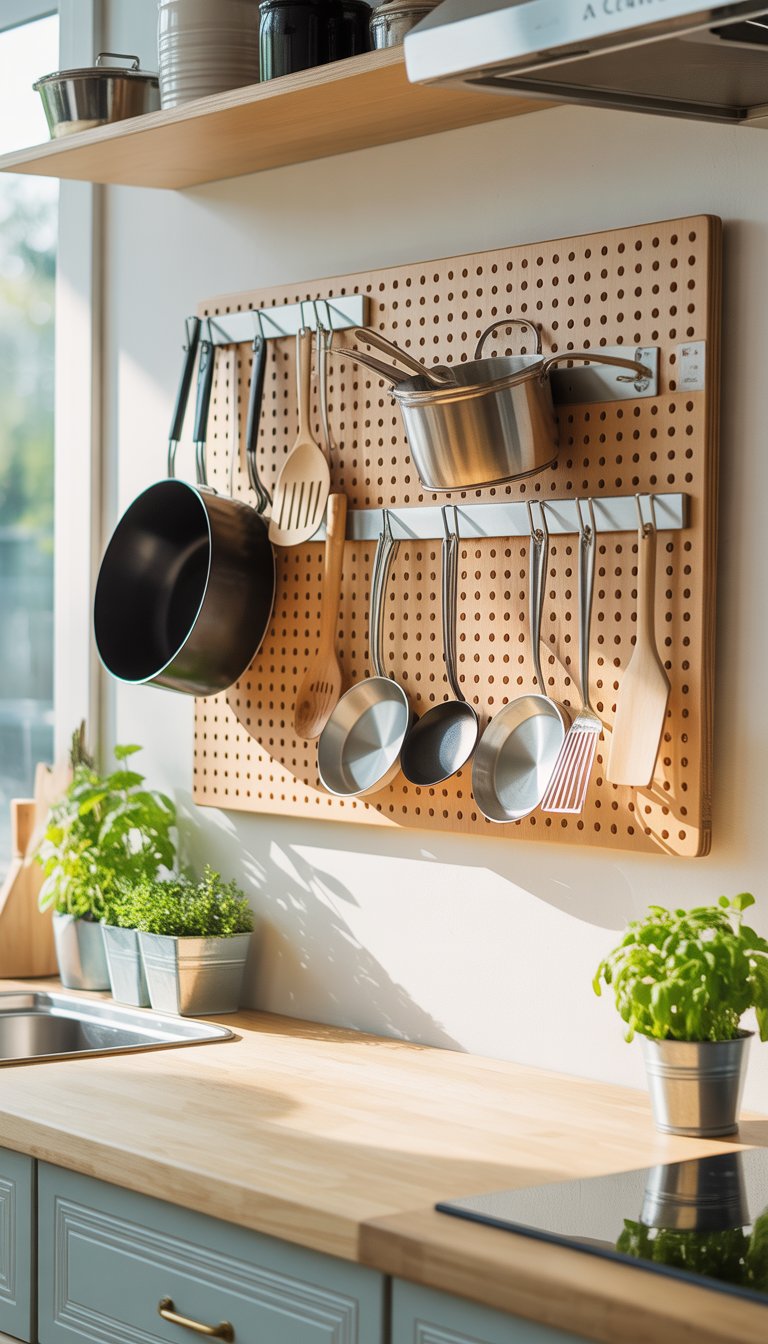 A kitchen wall with a wooden pegboard holding utensils and pots above a countertop with potted herbs.