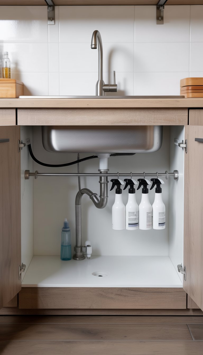 Under the kitchen sink, a tension rod holds multiple spray bottles inside a clean cabinet.