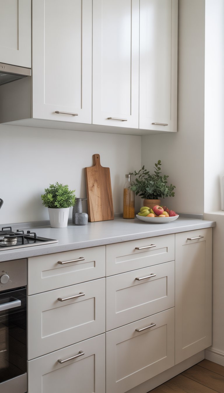 A small kitchen with white cabinets featuring slim silver handles, a tidy countertop with kitchen accessories, and natural light coming through a window.