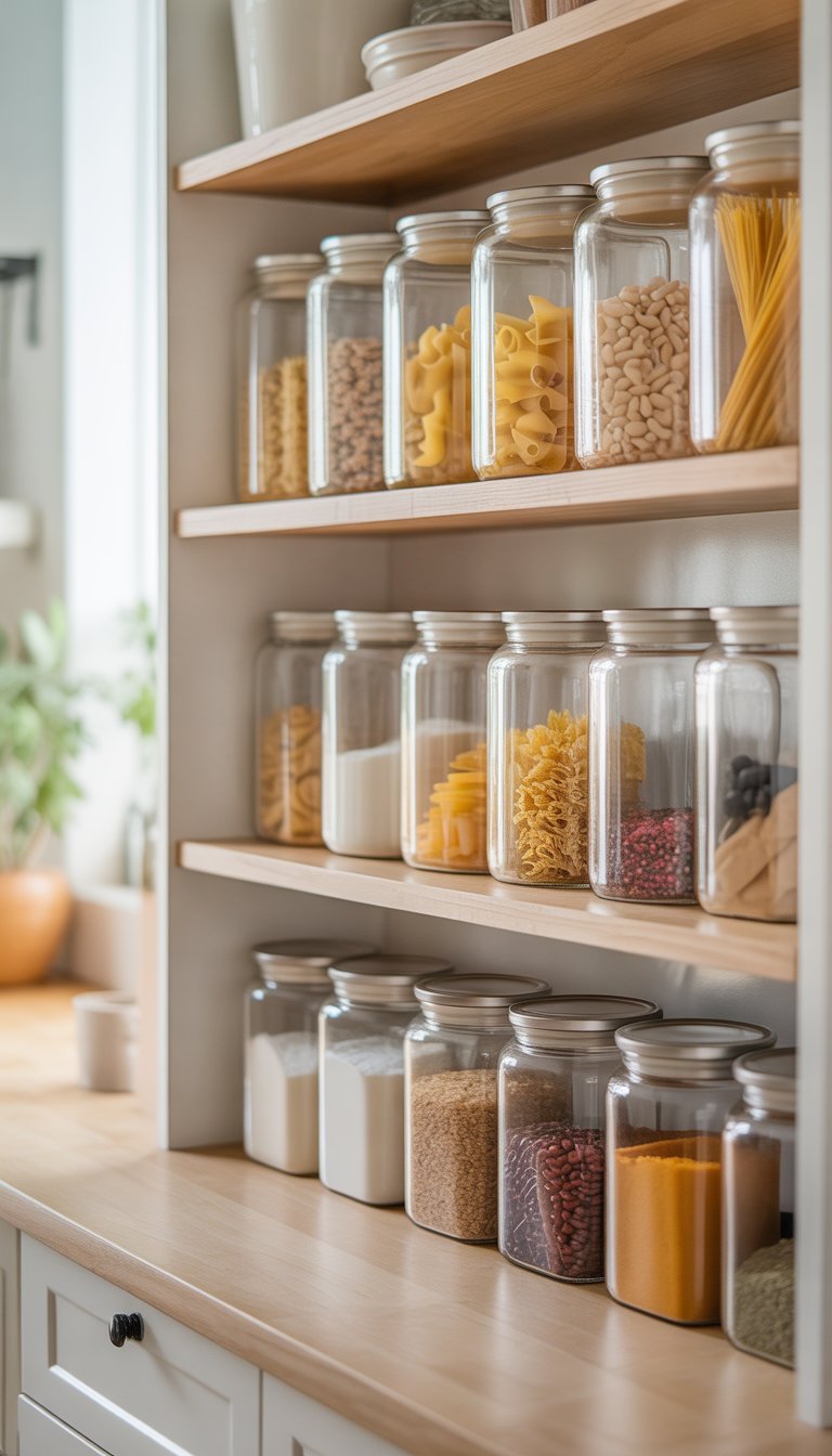 Open kitchen pantry shelves with clear glass jars filled with dry food items.