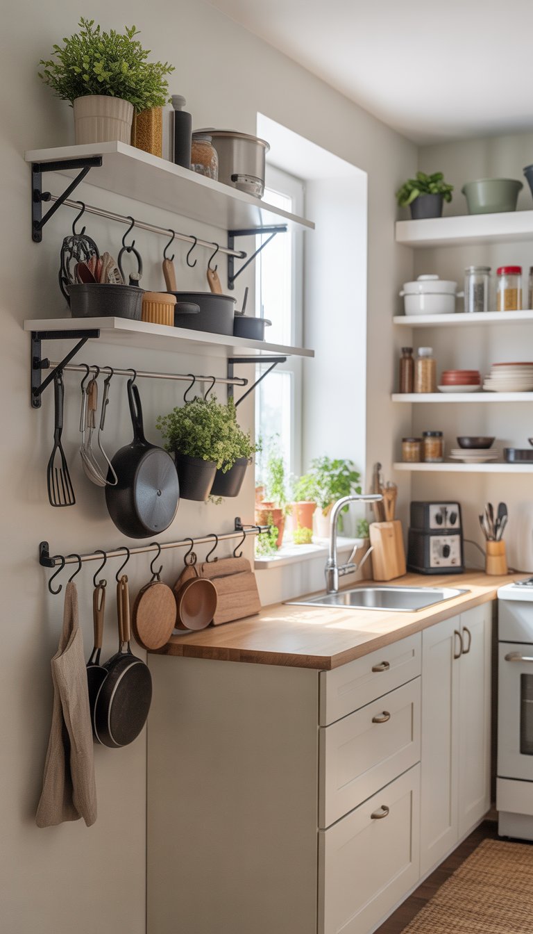 A small kitchen with hooks and rails on the walls holding utensils and pots, maximizing storage space.