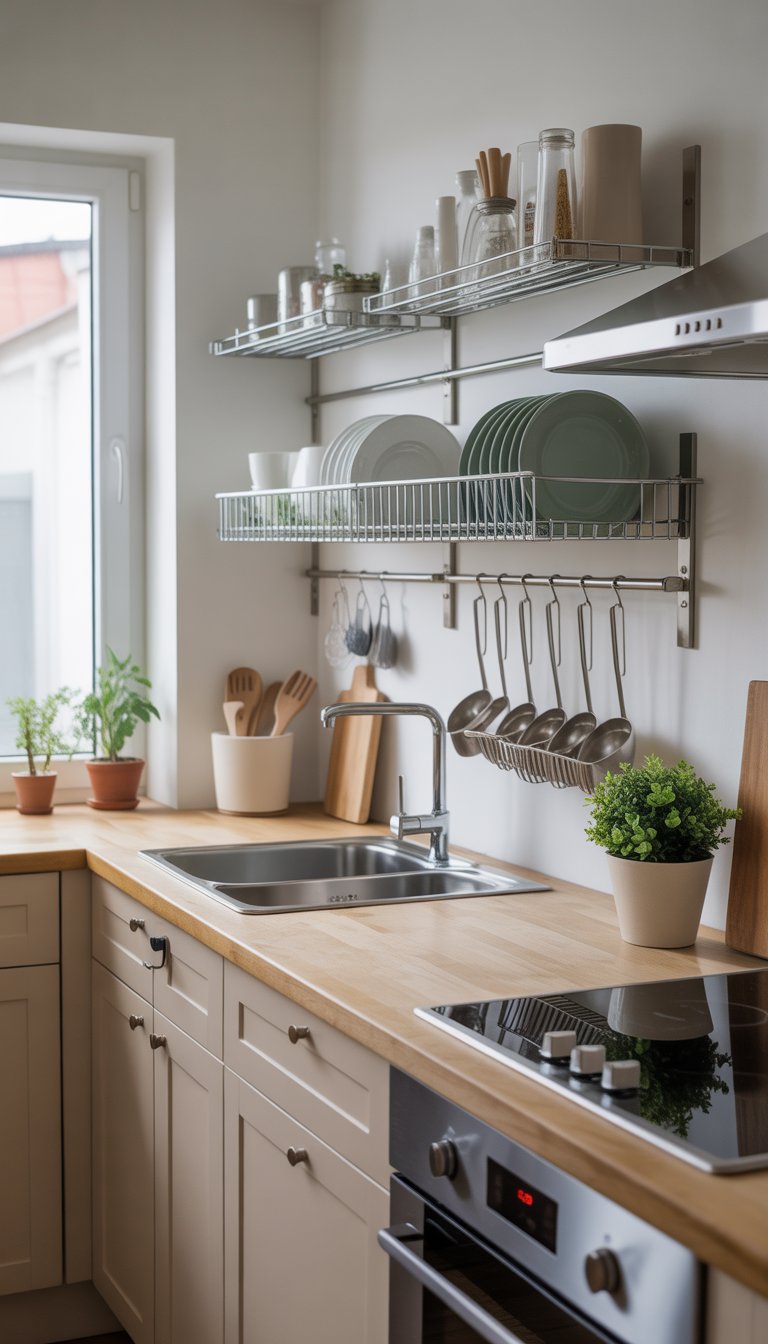 A tidy kitchen with clear countertops and a wall-mounted drying rack holding dishes and utensils.