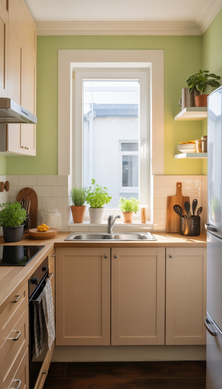A small kitchen with bright freshly painted walls, natural light, and organized countertops.