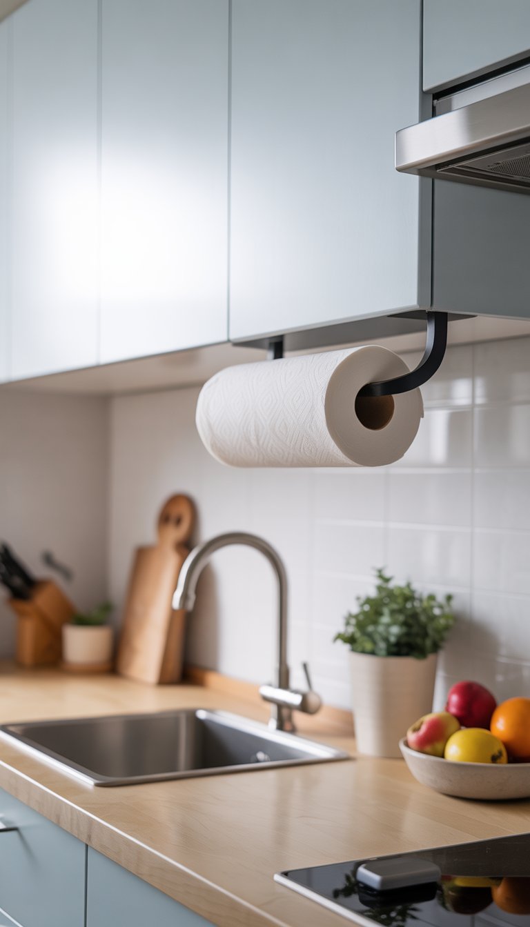 A small modern kitchen with an under-cabinet mounted paper towel holder above a clean countertop and sink.