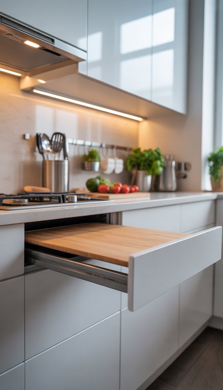 A kitchen cabinet with a pull-out wooden cutting board partially extended, surrounded by white cabinetry and kitchen utensils.