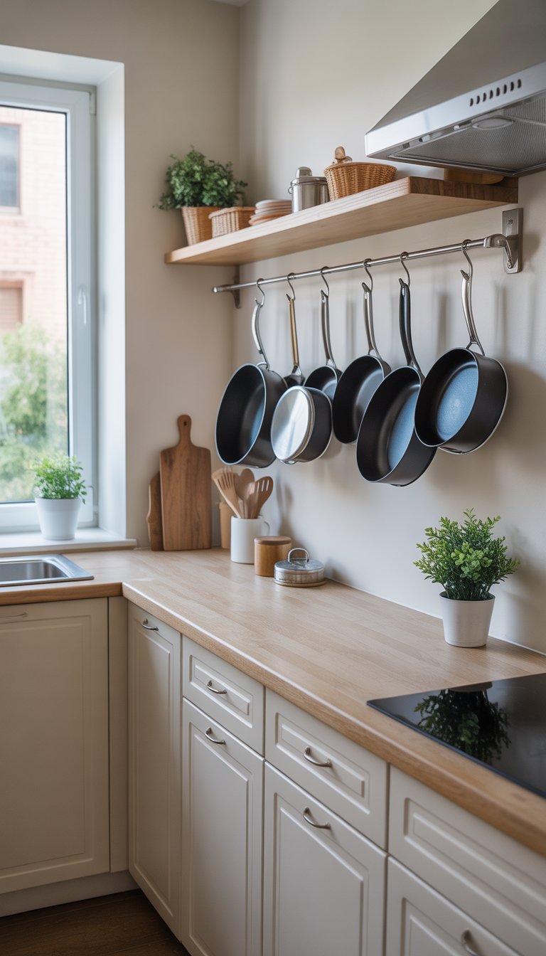 Small kitchen with pots and pans hanging on a wall rack above the countertop, freeing up cabinet space.