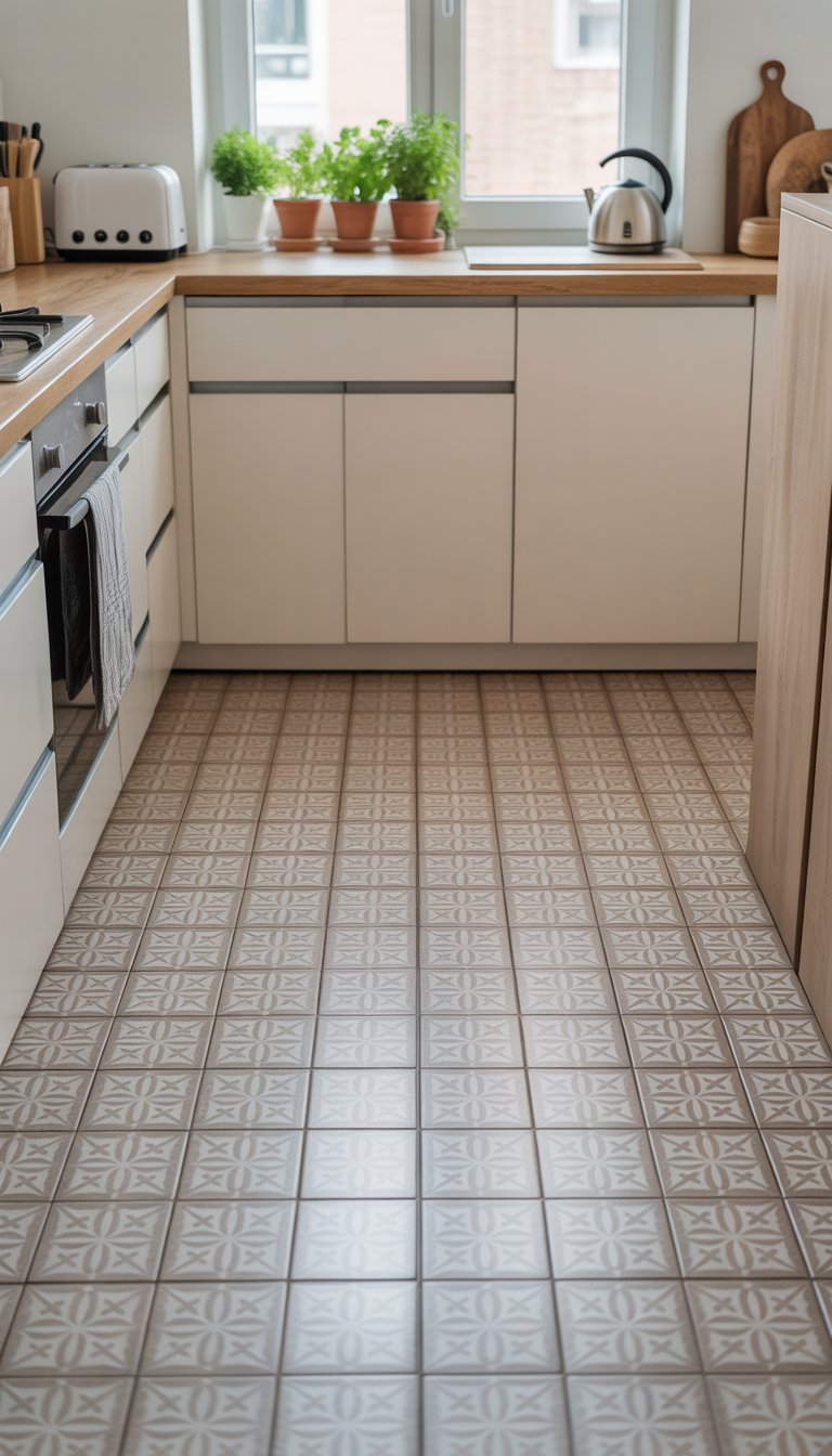 Small kitchen with white cabinets and peel-and-stick patterned floor tiles under natural light.