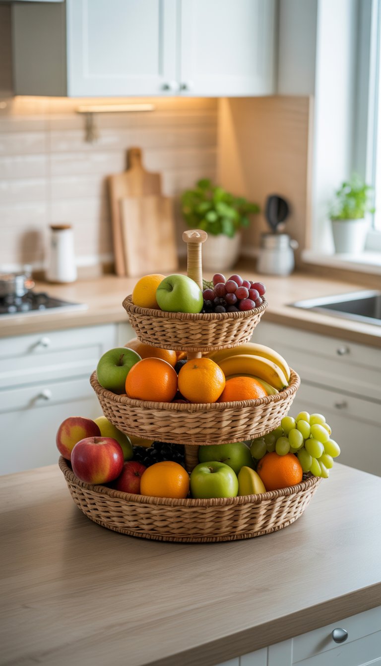 A kitchen countertop with a three-tiered fruit basket filled with fresh fruits, surrounded by clean white cabinets and a small potted plant.