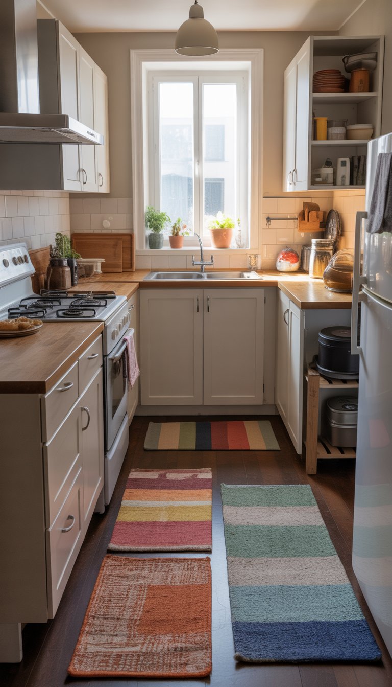 A small kitchen with colorful rugs placed to define different work areas, showing a stove, sink, and cabinets in a neat and organized space.