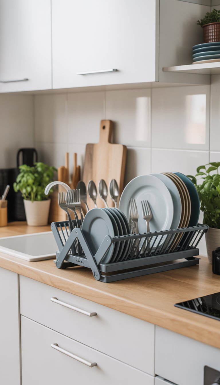 A small kitchen countertop with a foldable dish rack holding clean dishes and utensils, surrounded by organized kitchen items.