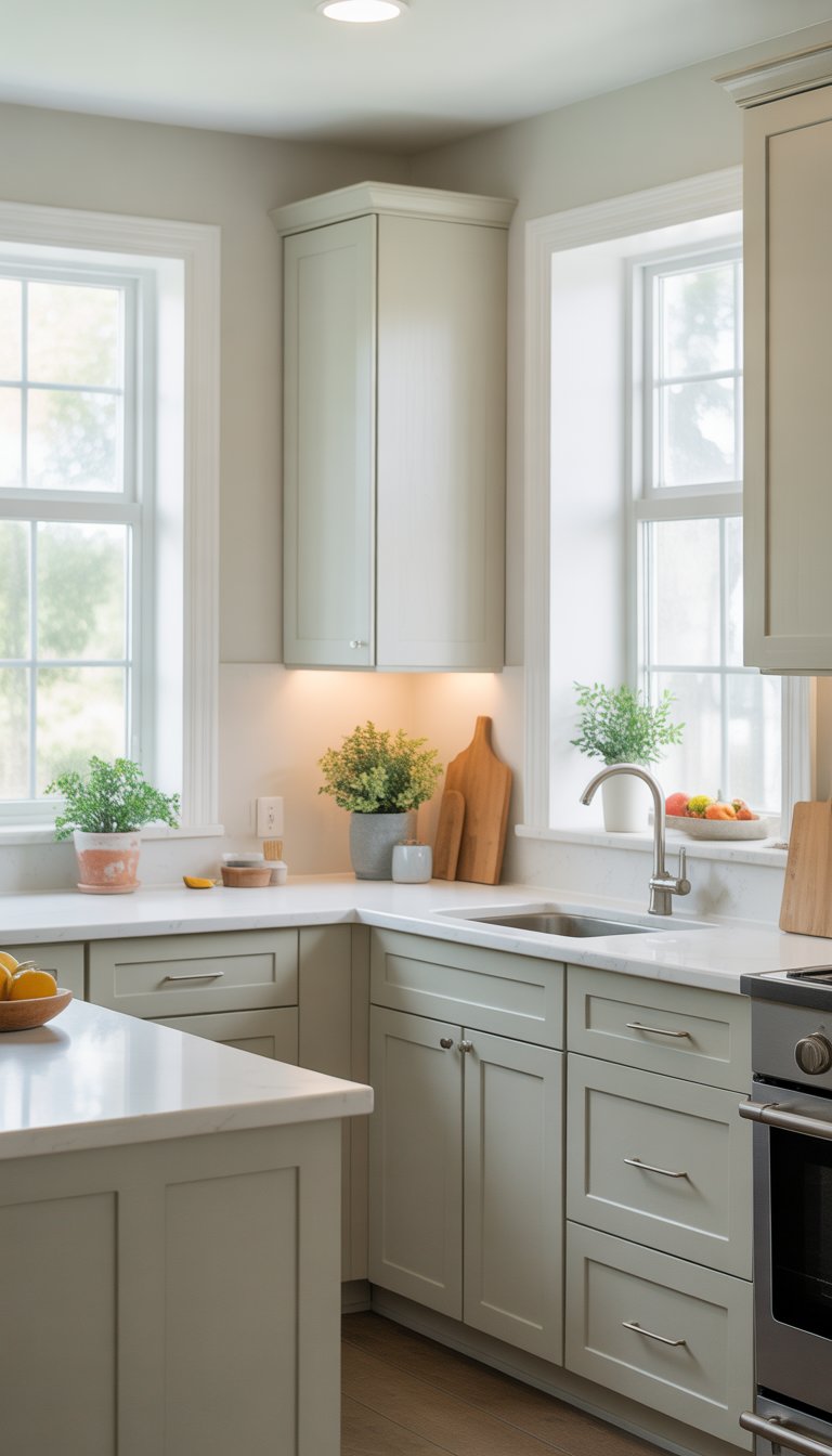 Kitchen Remodel Ideas on a Budget: 15 Affordable Designs 2 A bright kitchen with freshly painted cabinets, clean countertops, and natural light coming through windows.