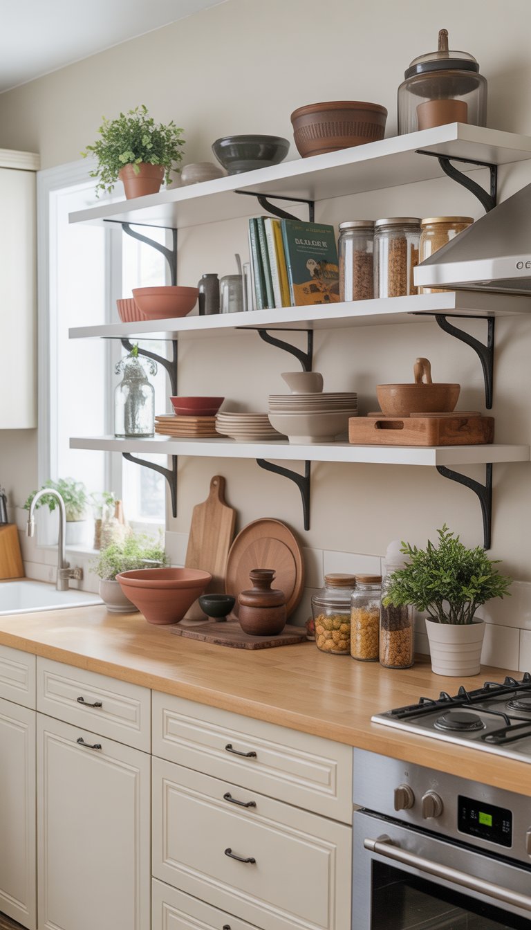 Kitchen Remodel Ideas on a Budget: 15 Affordable Designs 3 A modern kitchen with open shelves above the counter holding dishes, jars, and plants.