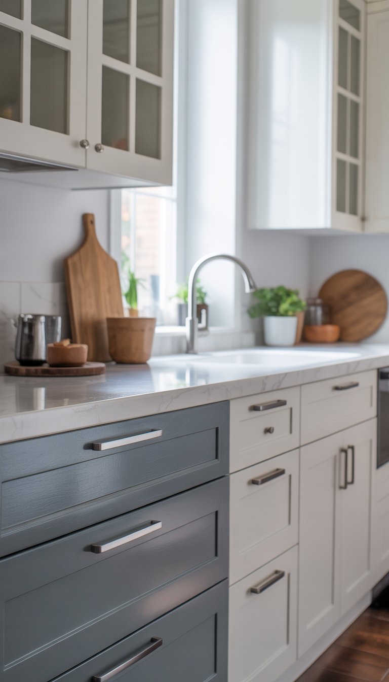 Kitchen Remodel Ideas on a Budget: 15 Affordable Designs 4 Close-up of modern cabinet pulls installed on kitchen cabinets in a bright kitchen with a few kitchen accessories on the countertop.