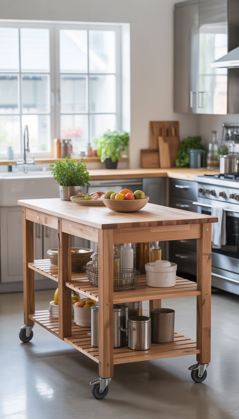 Kitchen Remodel Ideas on a Budget: 15 Affordable Designs 5 A modern kitchen with a wooden DIY kitchen island on wheels in the center, surrounded by cabinets and appliances.