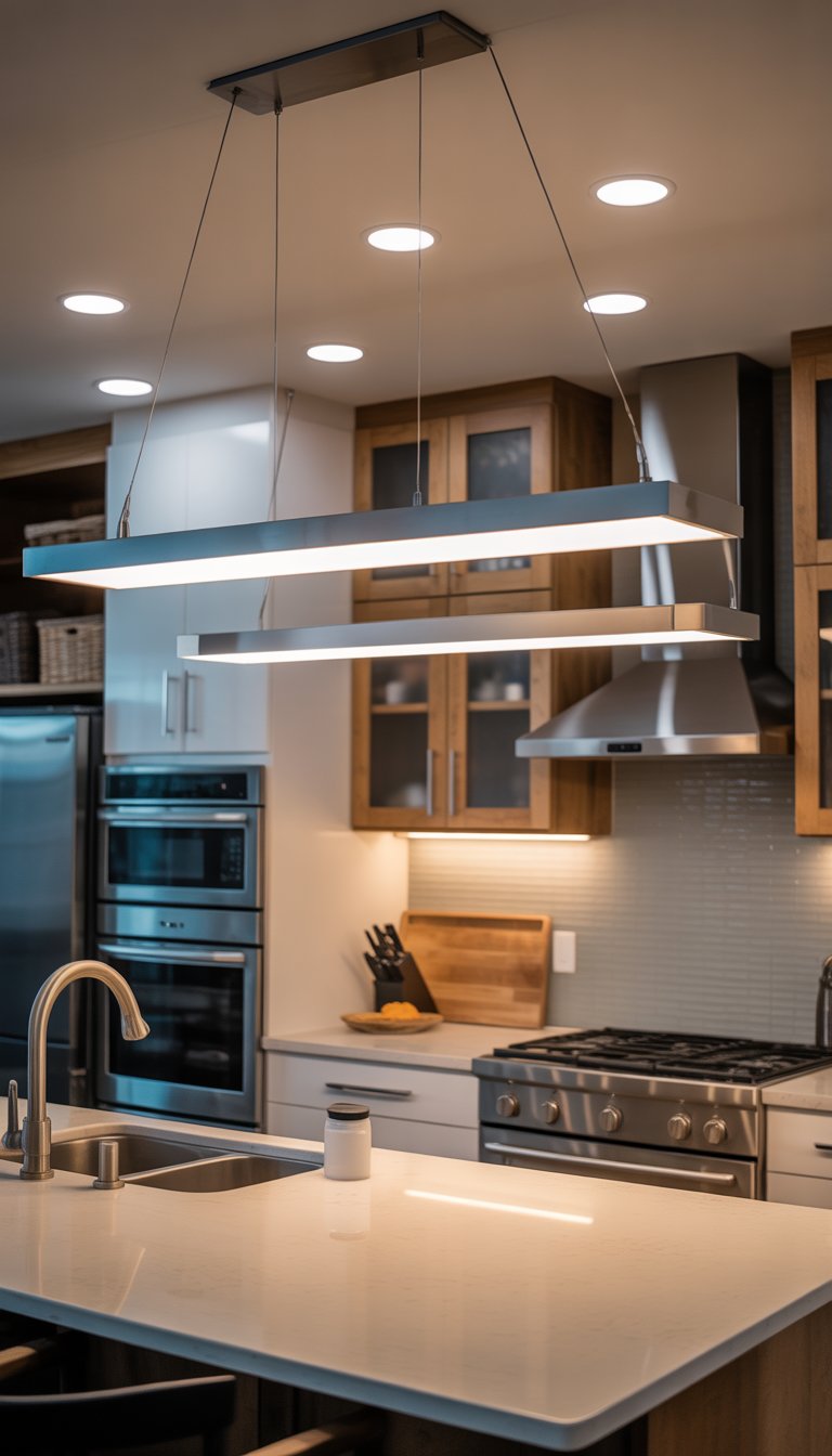 Kitchen Remodel Ideas on a Budget: 15 Affordable Designs 7 A bright and modern kitchen with LED lighting fixtures illuminating the countertops and island.