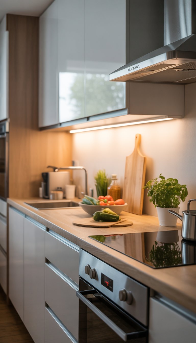 Kitchen Remodel Ideas on a Budget: 15 Affordable Designs 8 A modern kitchen with under-cabinet lighting illuminating the countertop, featuring white cabinets, kitchen accessories, and natural light.