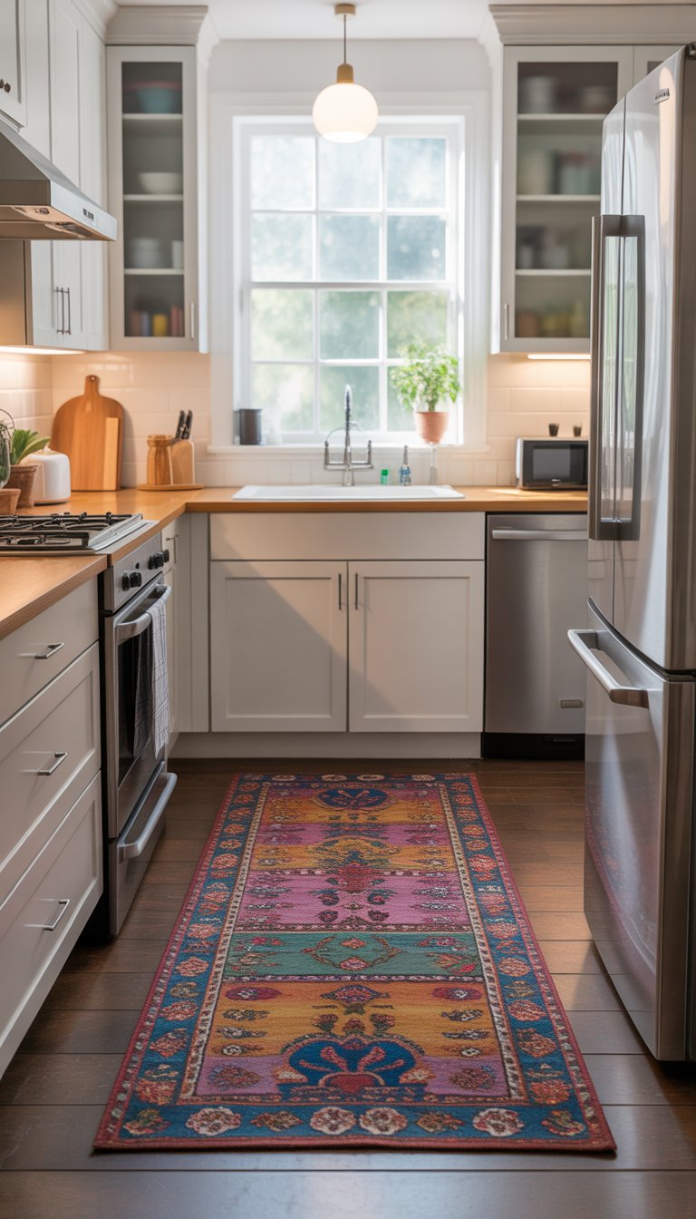 Kitchen Remodel Ideas on a Budget: 15 Affordable Designs 10 A kitchen with white cabinets, stainless steel appliances, and a colorful rug on the floor near the sink.