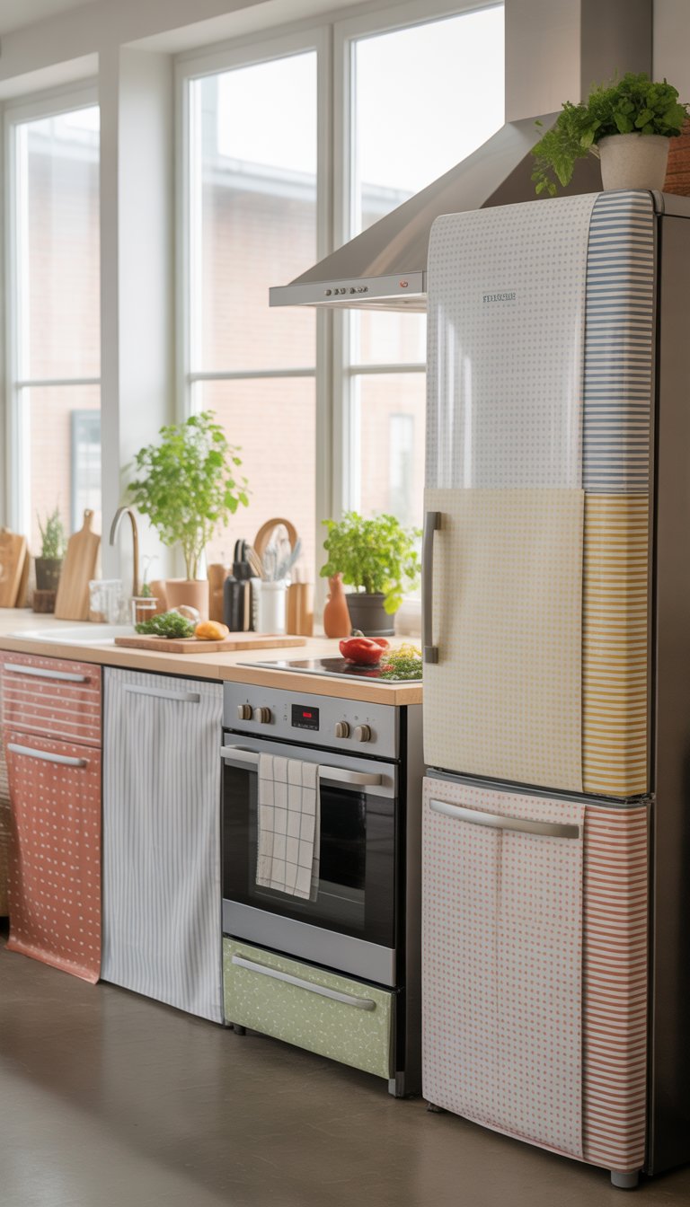 Kitchen Remodel Ideas on a Budget: 15 Affordable Designs 11 A modern kitchen with appliances covered in decorative contact paper, surrounded by clean countertops and natural light.