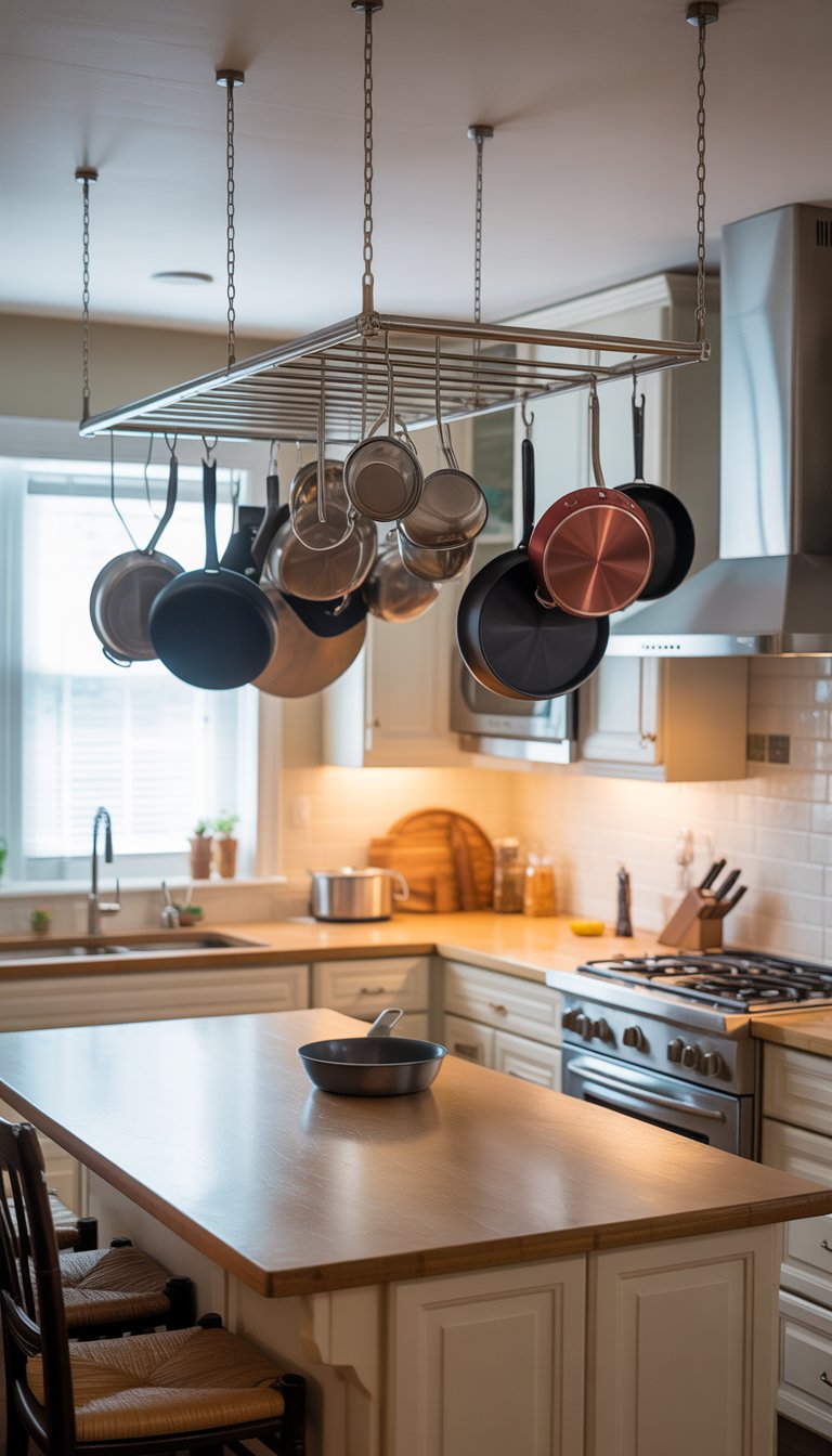 Kitchen Remodel Ideas on a Budget: 15 Affordable Designs 12 A kitchen with a hanging pot rack above an island, pots and pans neatly organized, and open cabinets below.