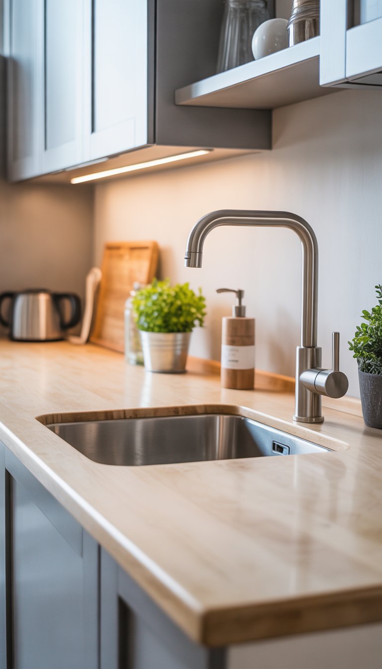 Kitchen Remodel Ideas on a Budget: 15 Affordable Designs 14 A modern kitchen sink with a sleek stainless steel faucet and light-colored countertop in a clean, updated kitchen.
