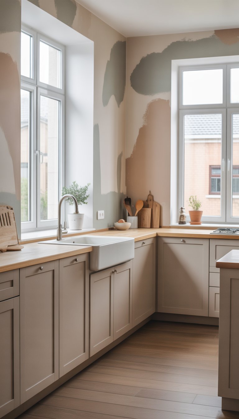 Kitchen Remodel Ideas on a Budget: 15 Affordable Designs 15 A modern kitchen with light neutral painted walls, natural light, and simple kitchen elements like a faucet and a potted plant.