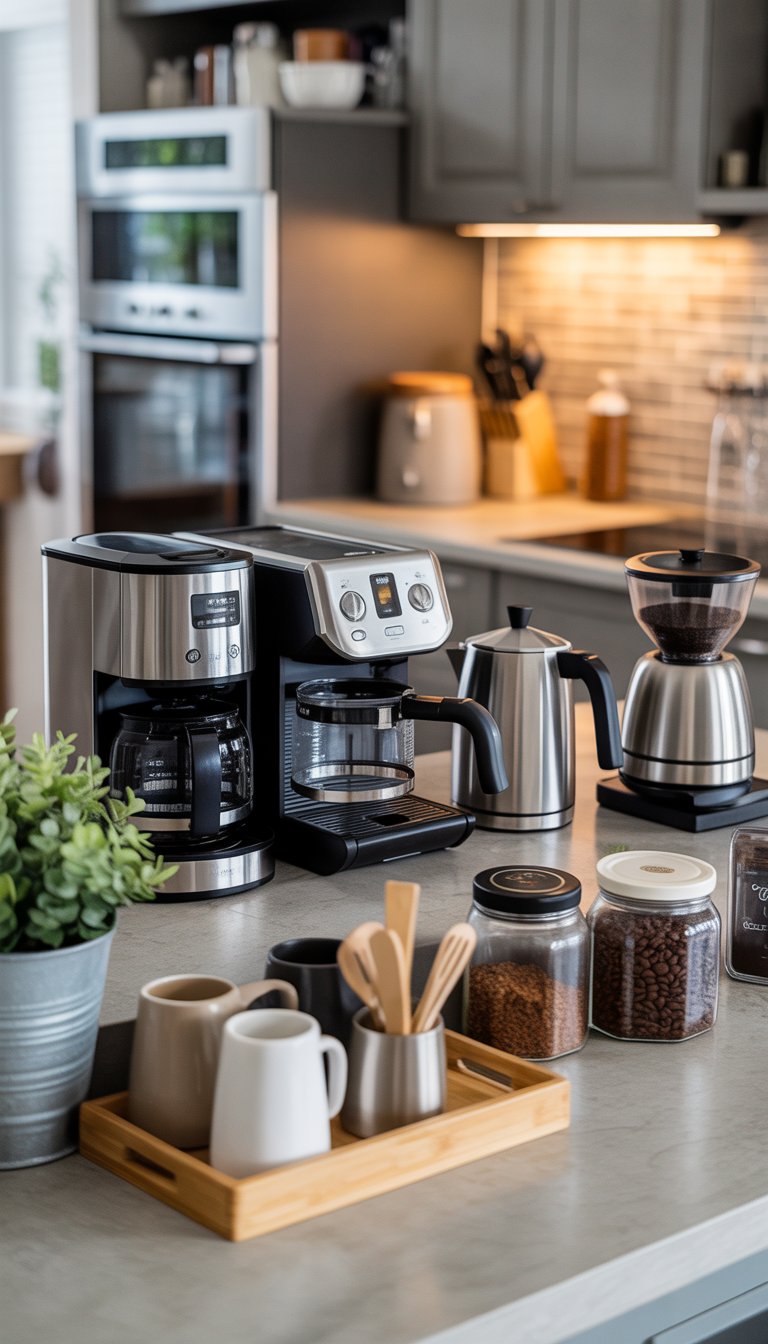 Kitchen Remodel Ideas on a Budget: 15 Affordable Designs 16 A coffee station on a kitchen countertop with small appliances including a coffee maker, espresso machine, electric kettle, coffee grinder, mugs, jars, and a small plant.