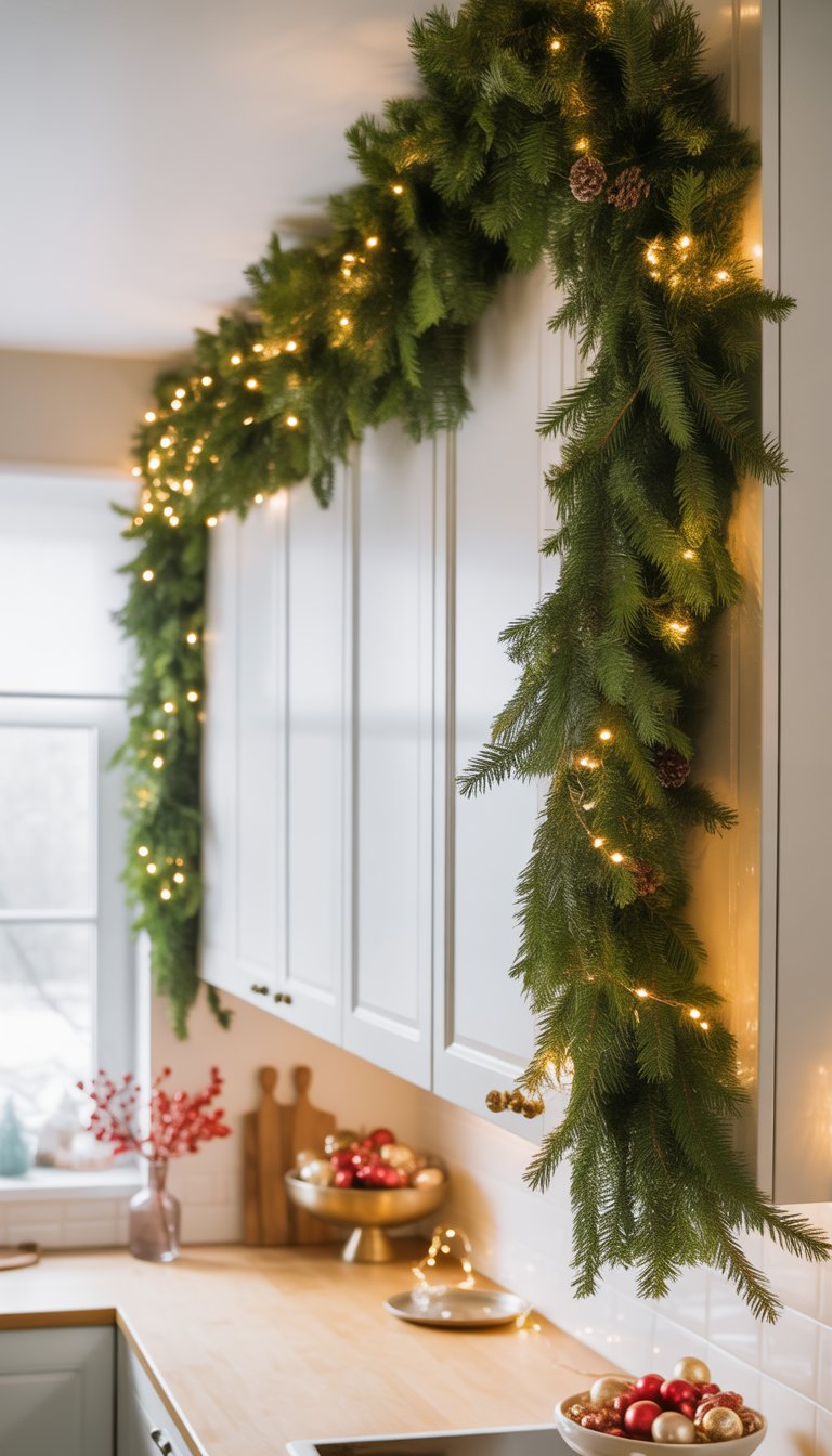 Christmas Kitchen Cabinet Decor Ideas: 21 Festive Looks 2 A kitchen with fresh pine garlands draped over the tops of white cabinets, decorated for Christmas with pinecones and warm white lights.