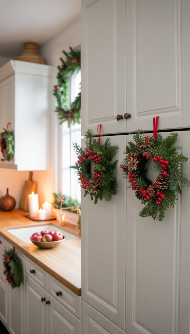 Christmas Kitchen Cabinet Decor Ideas: 21 Festive Looks 3 Kitchen with white cabinets decorated with small Christmas wreaths hanging on the cabinet doors.