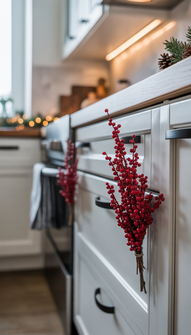 Christmas Kitchen Cabinet Decor Ideas: 21 Festive Looks 4 A bright kitchen with white cabinets decorated with red berry sprigs tucked into the cabinet handles for Christmas.