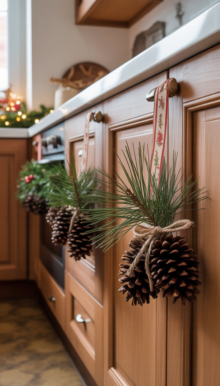 Christmas Kitchen Cabinet Decor Ideas: 21 Festive Looks 5 Kitchen cabinets decorated with rustic pinecone clusters tied with ribbons on the handles, creating a festive Christmas scene.