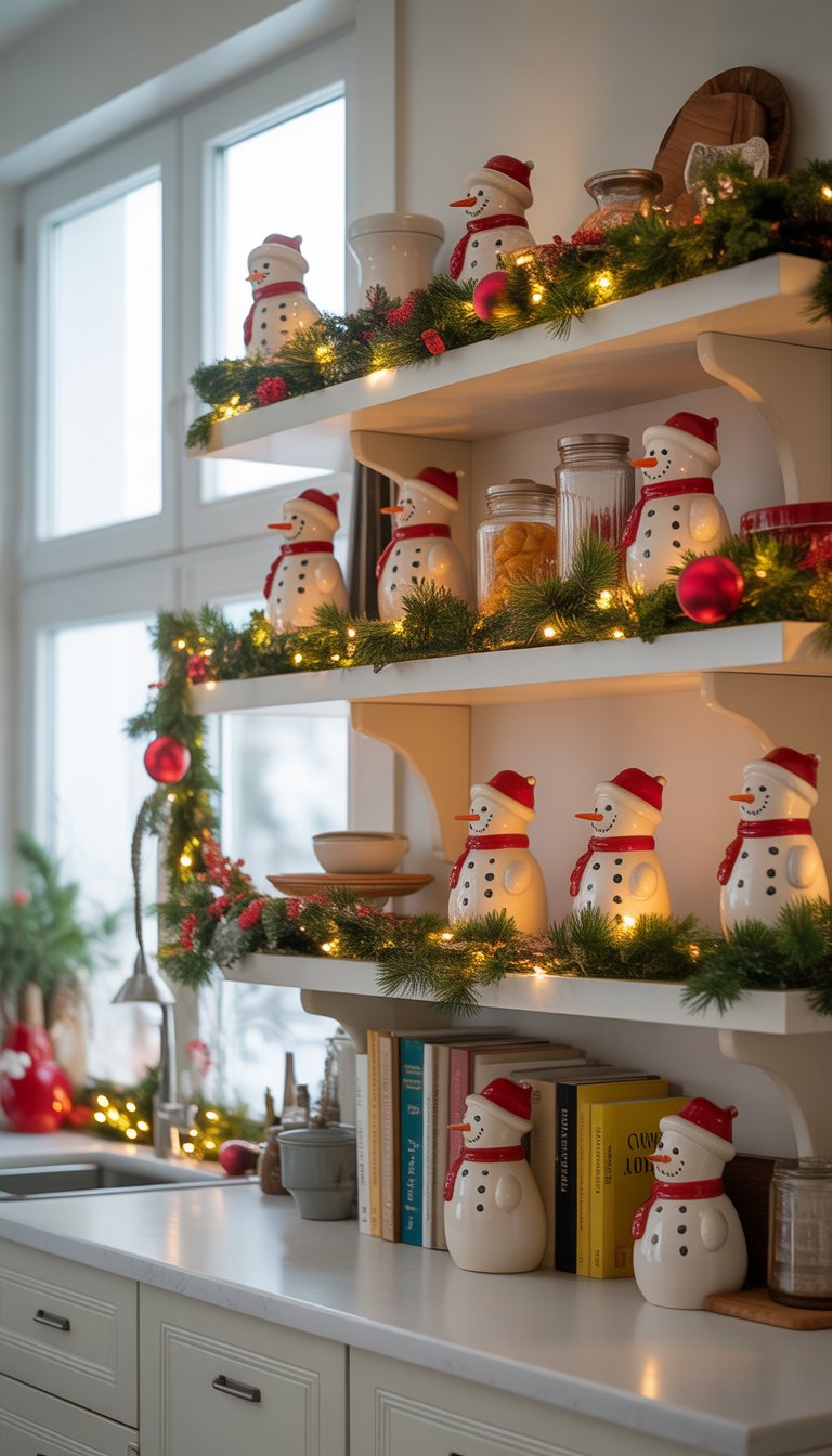 Christmas Kitchen Cabinet Decor Ideas: 21 Festive Looks 6 Open kitchen shelves decorated with small ceramic snowmen and Christmas ornaments in a bright kitchen.