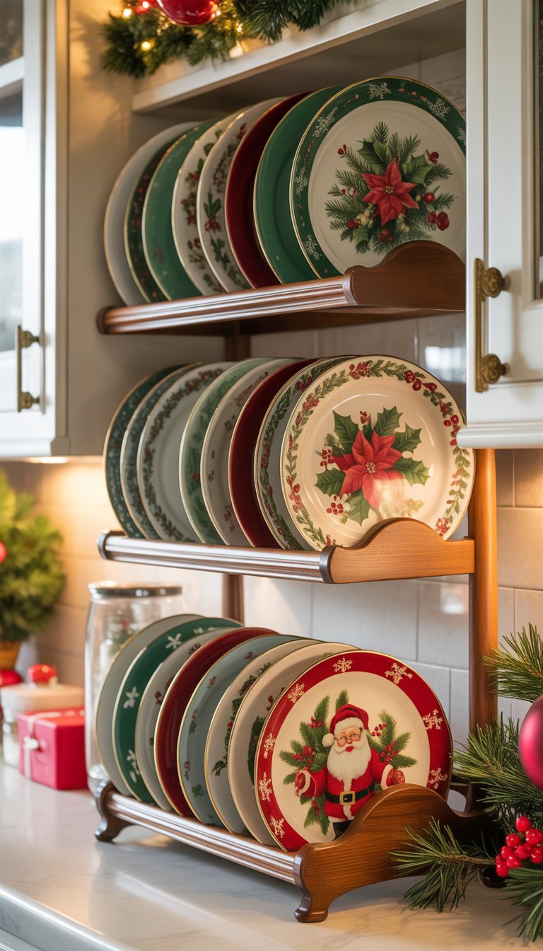 Christmas Kitchen Cabinet Decor Ideas: 21 Festive Looks 7 Vintage Christmas plates with holiday designs displayed on wooden plate racks in a kitchen setting decorated for Christmas.