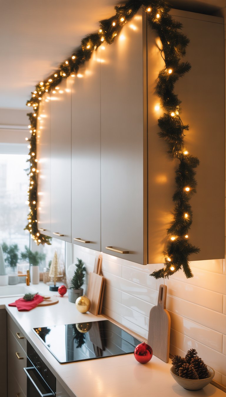 Christmas Kitchen Cabinet Decor Ideas: 21 Festive Looks 8 A modern kitchen with white cabinets decorated with warm string lights along the cabinet edges and subtle Christmas decorations.
