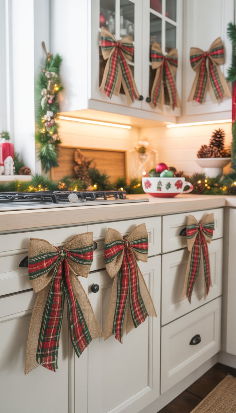 Christmas Kitchen Cabinet Decor Ideas: 21 Festive Looks 9 A kitchen with white cabinets decorated with plaid burlap bows on the handles and subtle Christmas decorations.