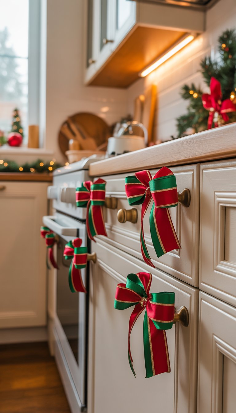 Christmas Kitchen Cabinet Decor Ideas: 21 Festive Looks 10 Close-up of kitchen cabinet knobs decorated with festive red and green ribbon bows in a Christmas-themed kitchen.