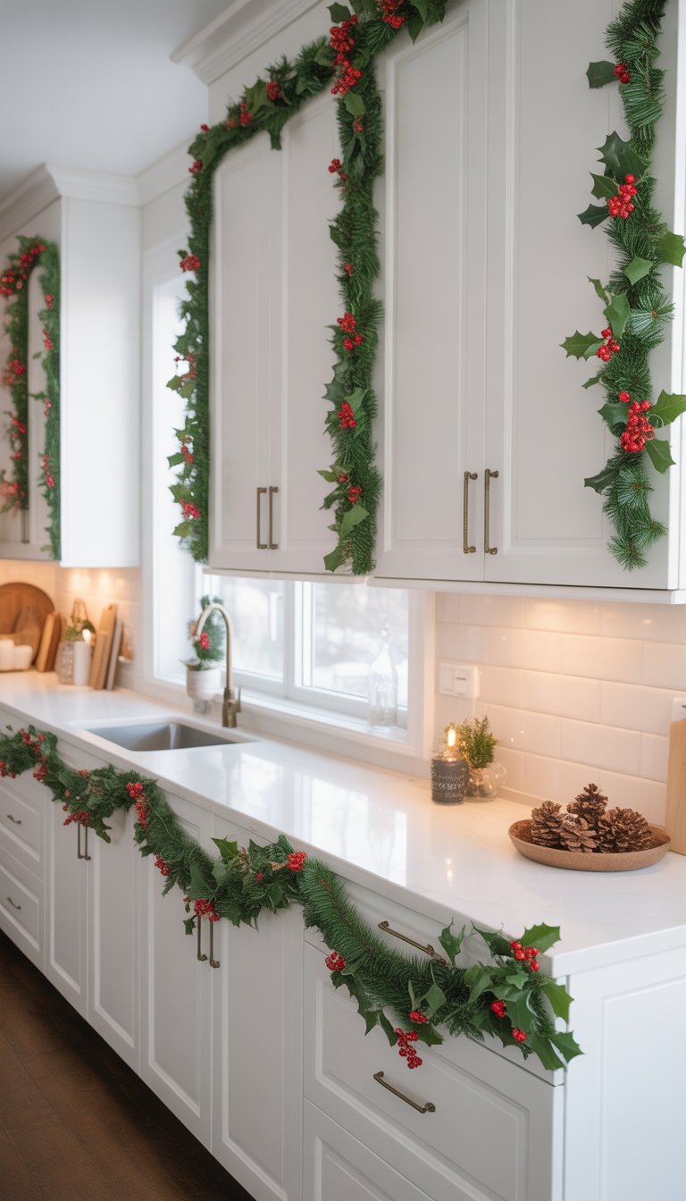 Christmas Kitchen Cabinet Decor Ideas: 21 Festive Looks 11 A kitchen with white cabinets decorated with green holly branches and red berries for Christmas.