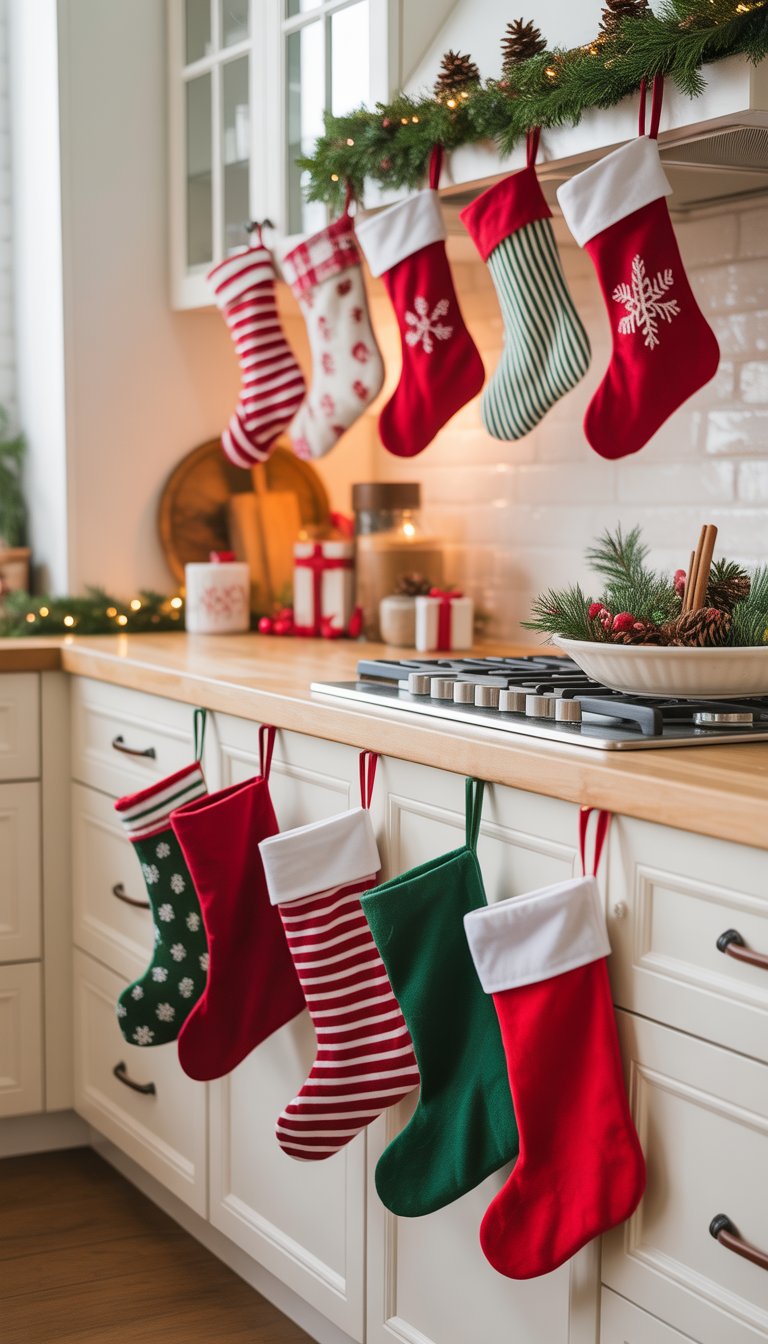 Christmas Kitchen Cabinet Decor Ideas: 21 Festive Looks 12 Christmas stockings hanging from white kitchen cabinet handles with holiday decorations on the countertop.