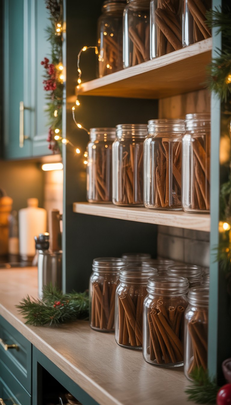 Christmas Kitchen Cabinet Decor Ideas: 21 Festive Looks 13 Clear glass jars filled with cinnamon sticks arranged on wooden shelves in a kitchen decorated for Christmas.