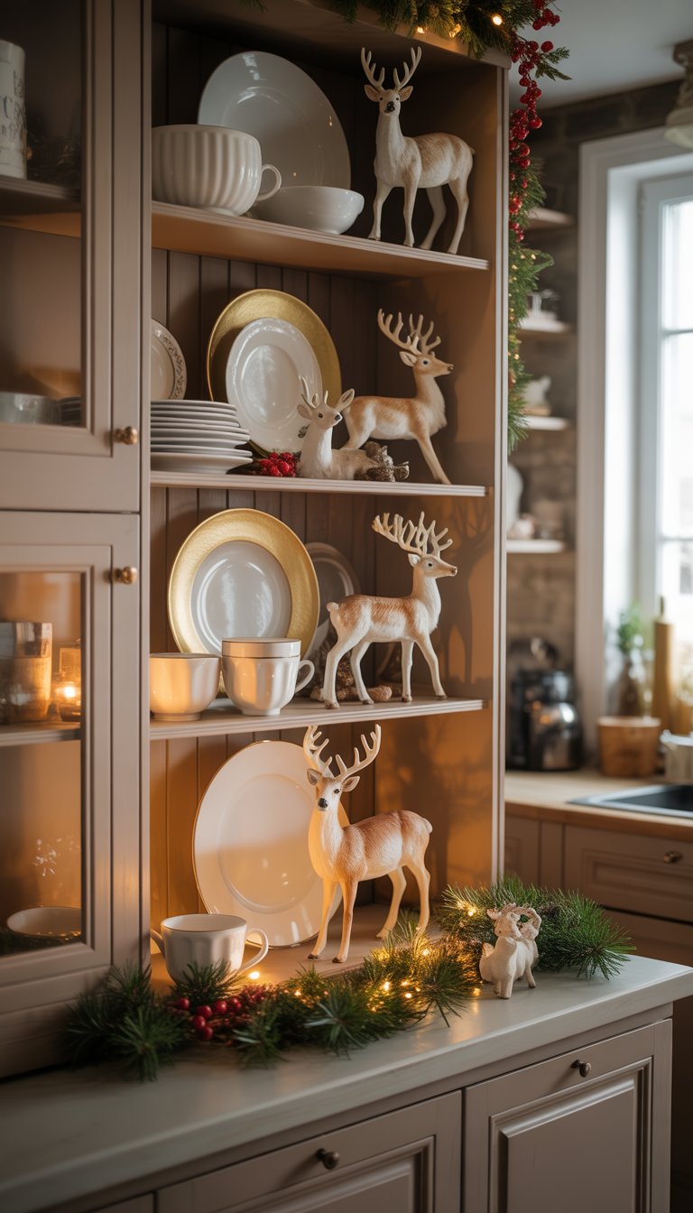 Christmas Kitchen Cabinet Decor Ideas: 21 Festive Looks 15 A kitchen cabinet decorated with dishware and reindeer figurines for Christmas.