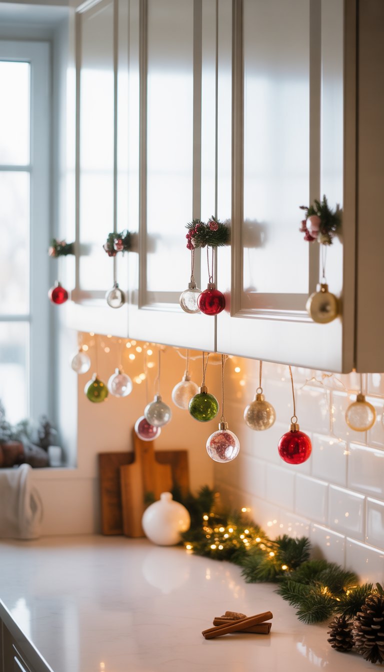 Christmas Kitchen Cabinet Decor Ideas: 21 Festive Looks 16 A kitchen with white cabinets decorated with small glass Christmas ornaments hanging from the cabinet knobs.