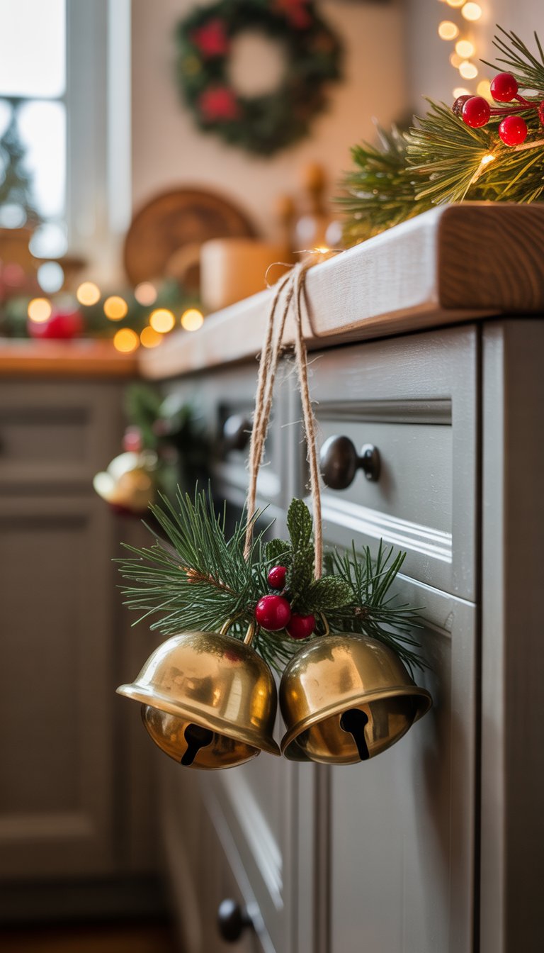 Christmas Kitchen Cabinet Decor Ideas: 21 Festive Looks 17 Brass jingle bells tied with twine hanging from a kitchen cabinet handle surrounded by Christmas decorations.