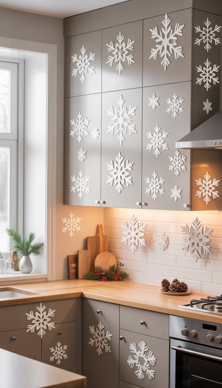 Christmas Kitchen Cabinet Decor Ideas: 21 Festive Looks 19 A kitchen with modern cabinets decorated with white snowflake decals for Christmas.
