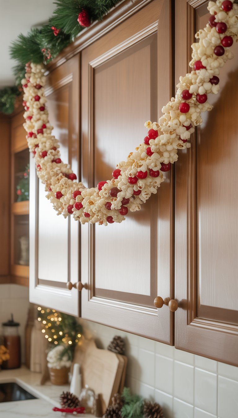 Christmas Kitchen Cabinet Decor Ideas: 21 Festive Looks 21 A kitchen with a popcorn and cranberry garland hanging across the cabinets as Christmas decoration.