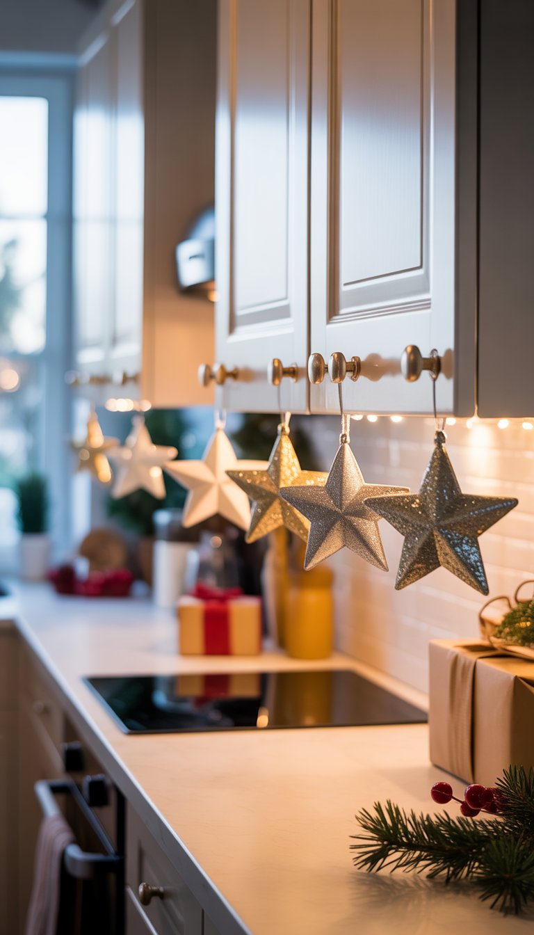 Christmas Kitchen Cabinet Decor Ideas: 21 Festive Looks 22 Kitchen cabinets with glittery star ornaments hanging from knob hooks as Christmas decorations.