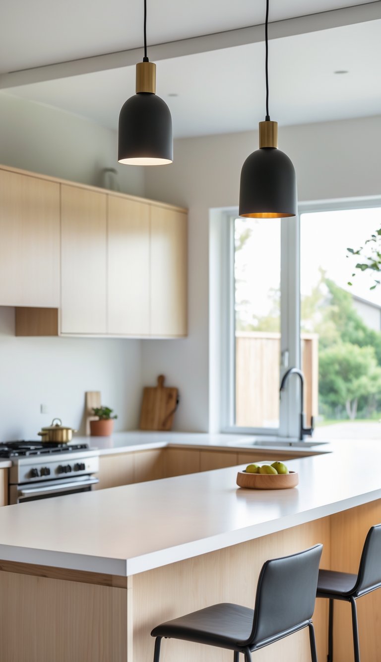 A bright kitchen with pendant lights hanging above a kitchen island, featuring wood cabinets and modern appliances.