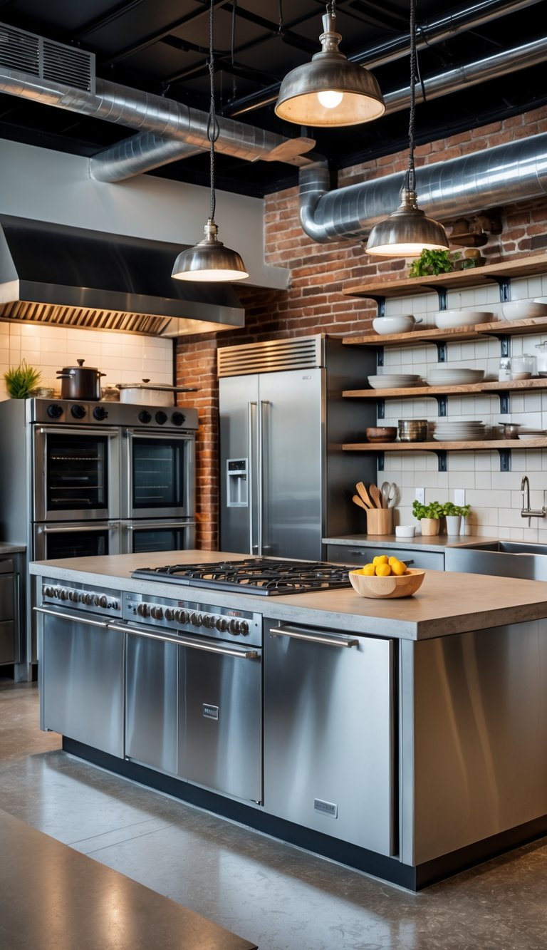 21 Industrial Kitchen Design Ideas for Modern and Efficient Spaces 27 A spacious industrial kitchen with stainless steel appliances, exposed brick walls, and a central island with a concrete countertop.