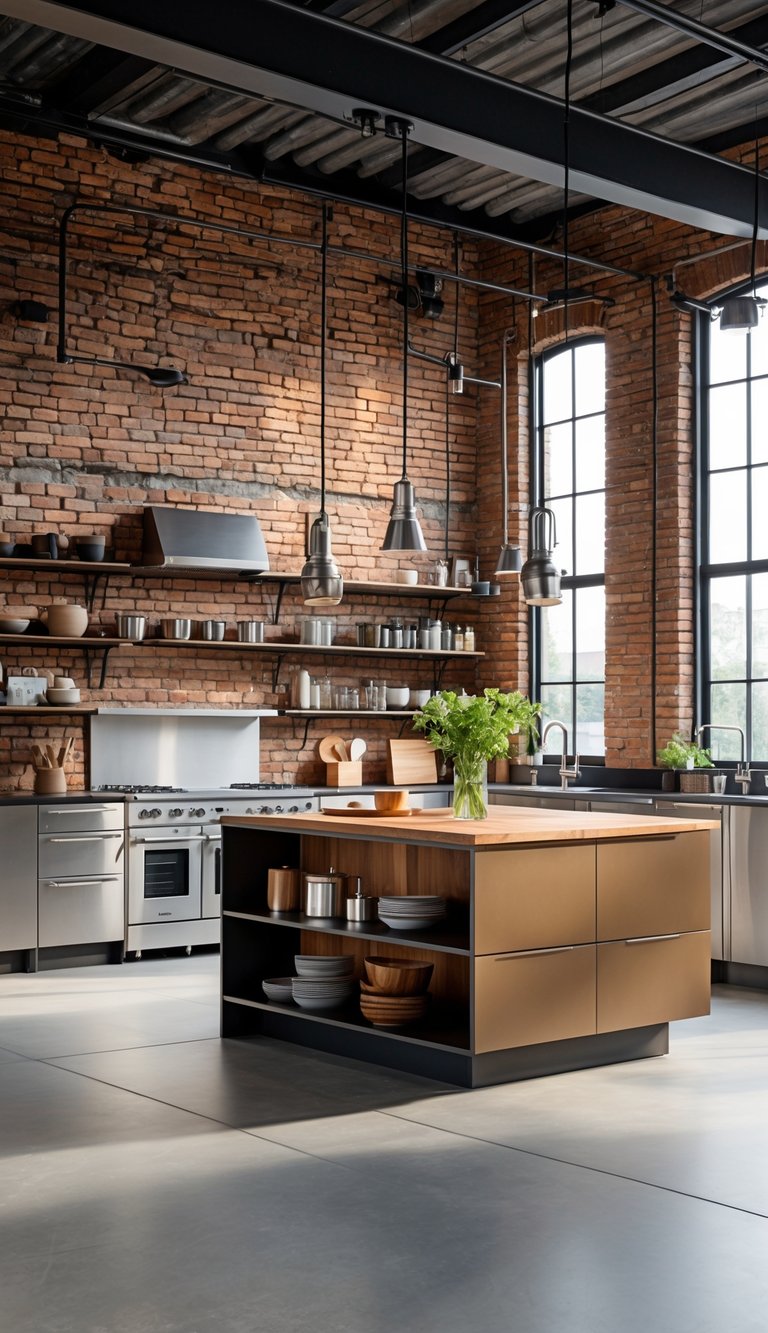 21 Industrial Kitchen Design Ideas for Modern and Efficient Spaces 2 A modern kitchen with exposed brick walls, stainless steel appliances, a wooden island, and pendant lights.