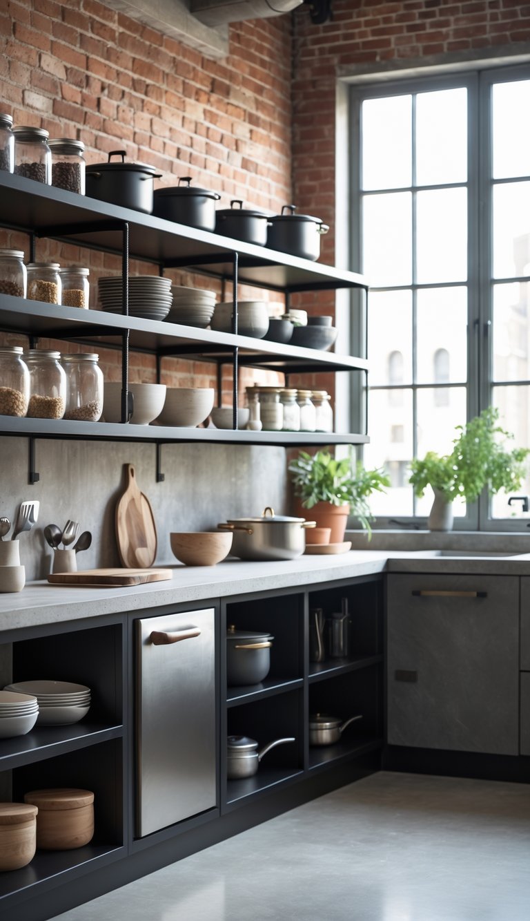 21 Industrial Kitchen Design Ideas for Modern and Efficient Spaces 4 Open metal shelving with kitchen items in an industrial kitchen environment.