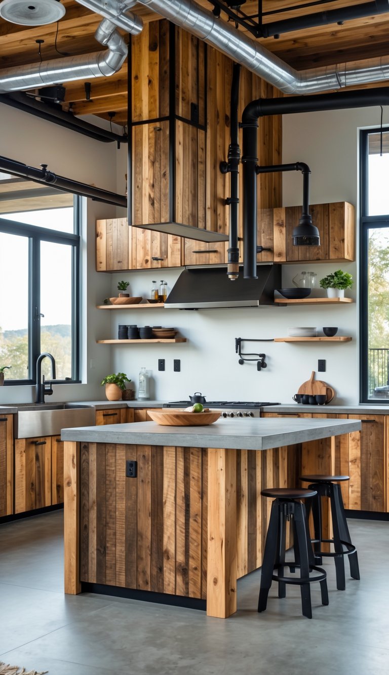 21 Industrial Kitchen Design Ideas for Modern and Efficient Spaces 5 A spacious kitchen with wooden cabinets, a kitchen island with stools, stainless steel appliances, and large windows letting in natural light.